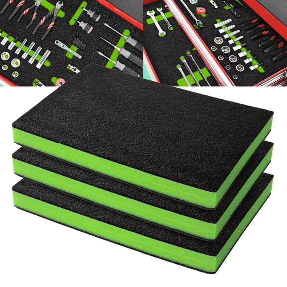 Precision Defined Tool Box Foam - Protective Inserts for Cases, Polyethylene Tool Foam for Cases, Cushion Insert for Toolboxes - 18" Black/Green (3 pack)
