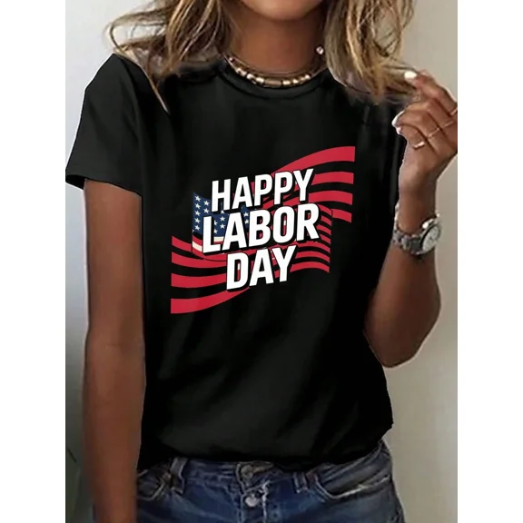 Women'S Casual Short-Sleeve Crew Neck T-Shirt Featuring A Happy Labor Day American Flag Print, Perfect For Spring And Summer