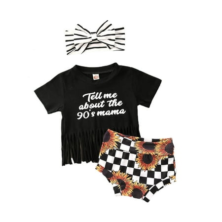 

IZhansean 3Pcs Newborn Baby Girl Sunflower Outfit Short Sleeve Tassels T-shirt Shorts Set Black 6-12 Months