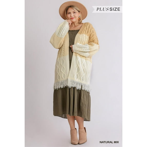 Patchwork Knitted Open Front Cardigan Sweater With Frayed Hem 2XL