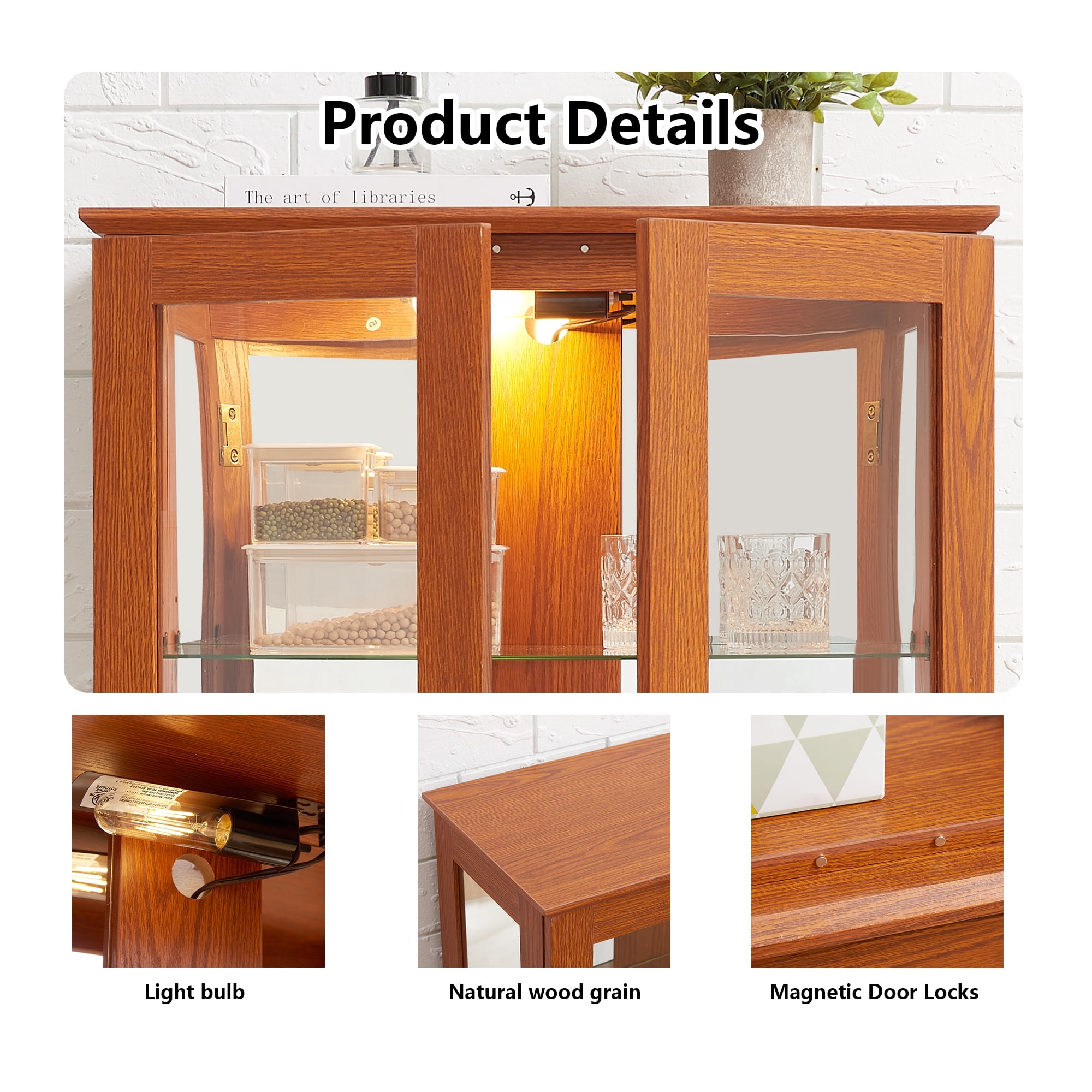 HIUU Glass Display Cabinet with Lights,Small Curio Cabinet with Glass Doors,China Cabinets,Lighted Curio Cabinets,Vitrinas Para Colecciones(Oak)