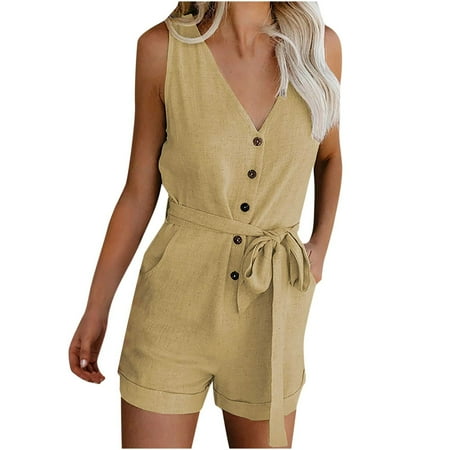 

Dasayo Khaki Women s Jumpsuits Rompers & Overalls Woman Fashion Solid Button Sleeveless Deep V Lacing Belt Jumpsuit Shorts