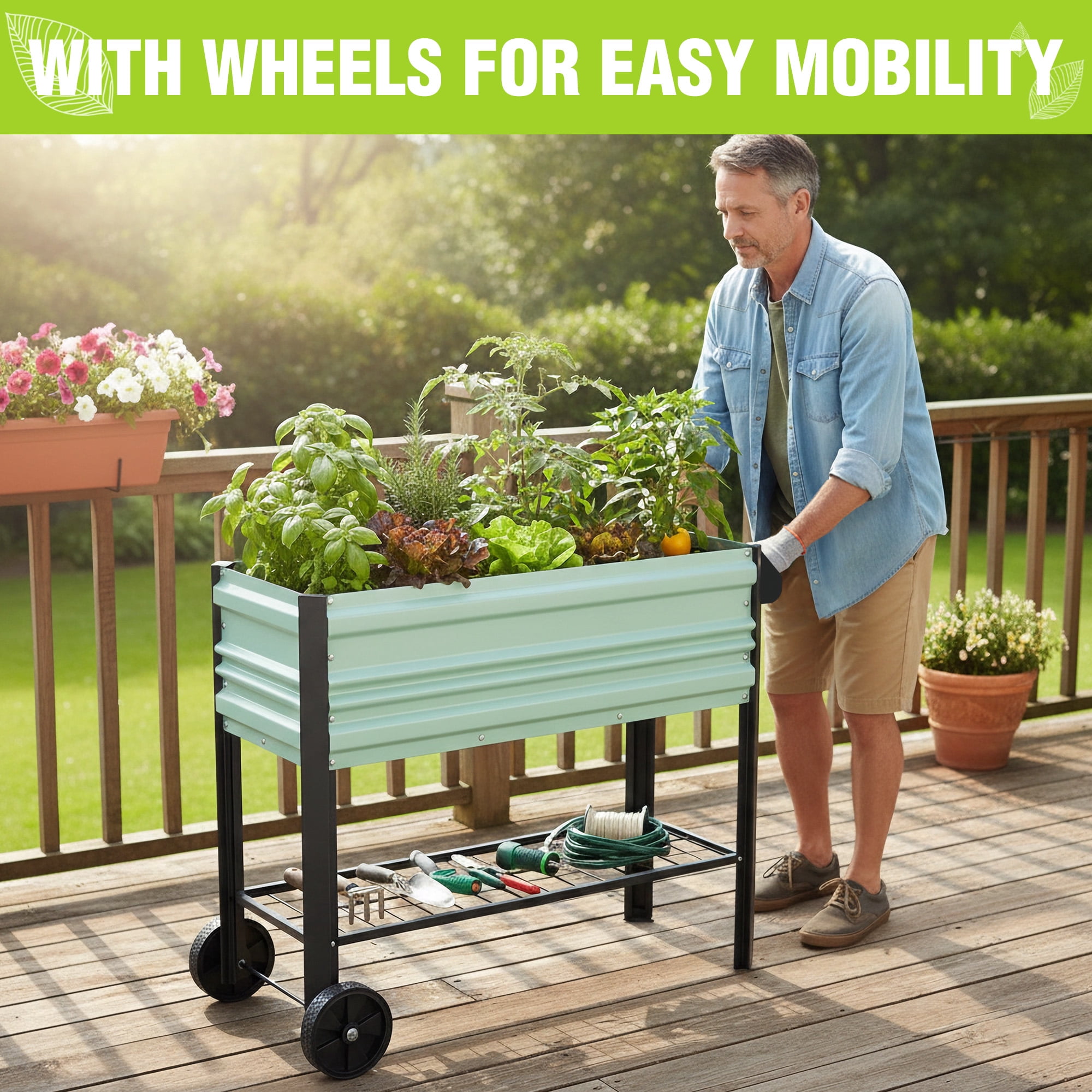 WORKPRO 37in Outdoor Galvanized Raised Garden Bed with Legs and Wheels -Light Green