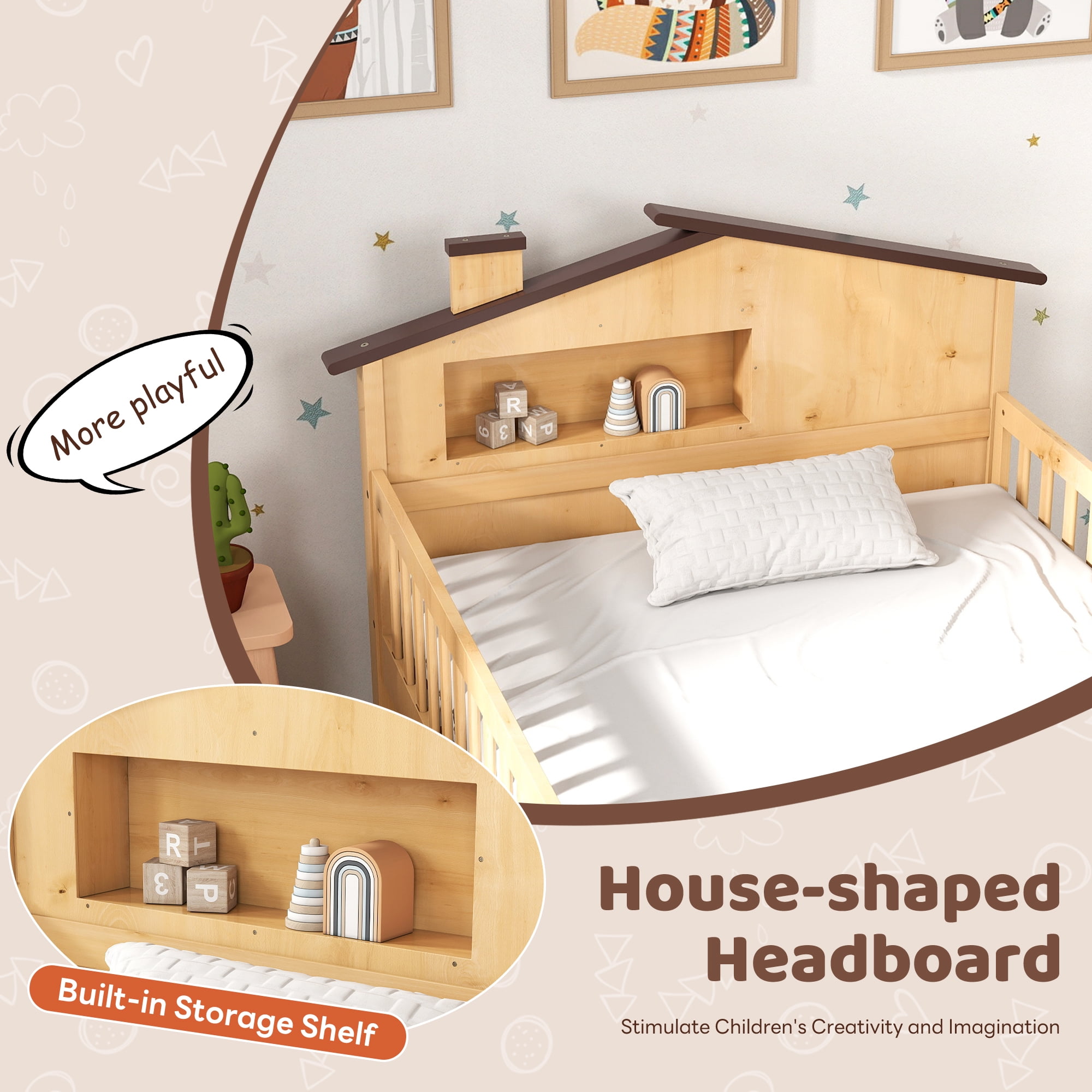 Twin Size Bed Frame with Storage- Twin Bed Frame with Solid Wood House Headboard & Safety Guardrails, No Box Spring Needed