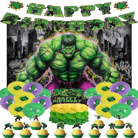 Hulk Party Supplies, Birthday Party Decorations Set Include Banner, Backdrop, Balloons, Cake Cupcake Toppers, for Boys Girls Hulk Theme Party