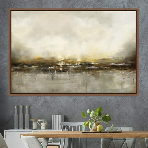 IDEA4WALL Framed Canvas Wall Art Dramatic Golden Landscape by The Sea on a Cloudy Day Coastal Ocean Oil Painting Abstract Modern Closeup for Living Room, Bedroom, Office - 24"x36" Natural