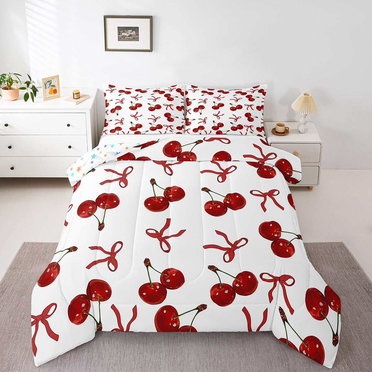 Erosebridal Red Cherry Bedding Sets Full with Comforter, Cartoon Bow Duvet Insert, Princess Style Decor, Reversible 3 Pieces
