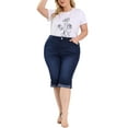 thumbnail image 2 of Unique Bargains Juniors' Plus Size Shorts Chambray Ripped Denim Capri Jeans Dark Blue 4X, 2 of 7
