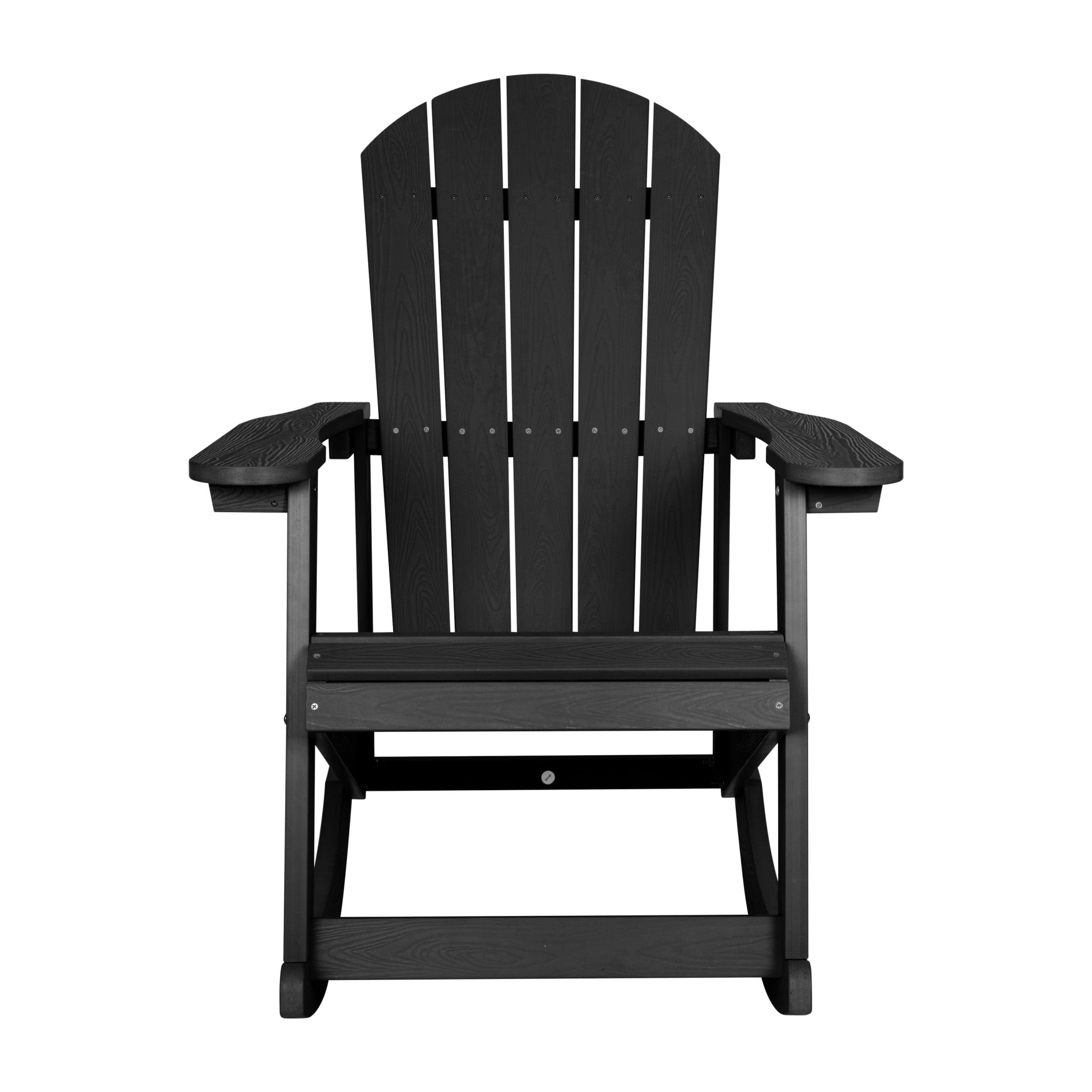 Emma + Oliver Set of 2 Classic All-Weather Poly Resin Rocking Adirondack Chairs in Black with Stainless Steel Hardware for Year Round Use