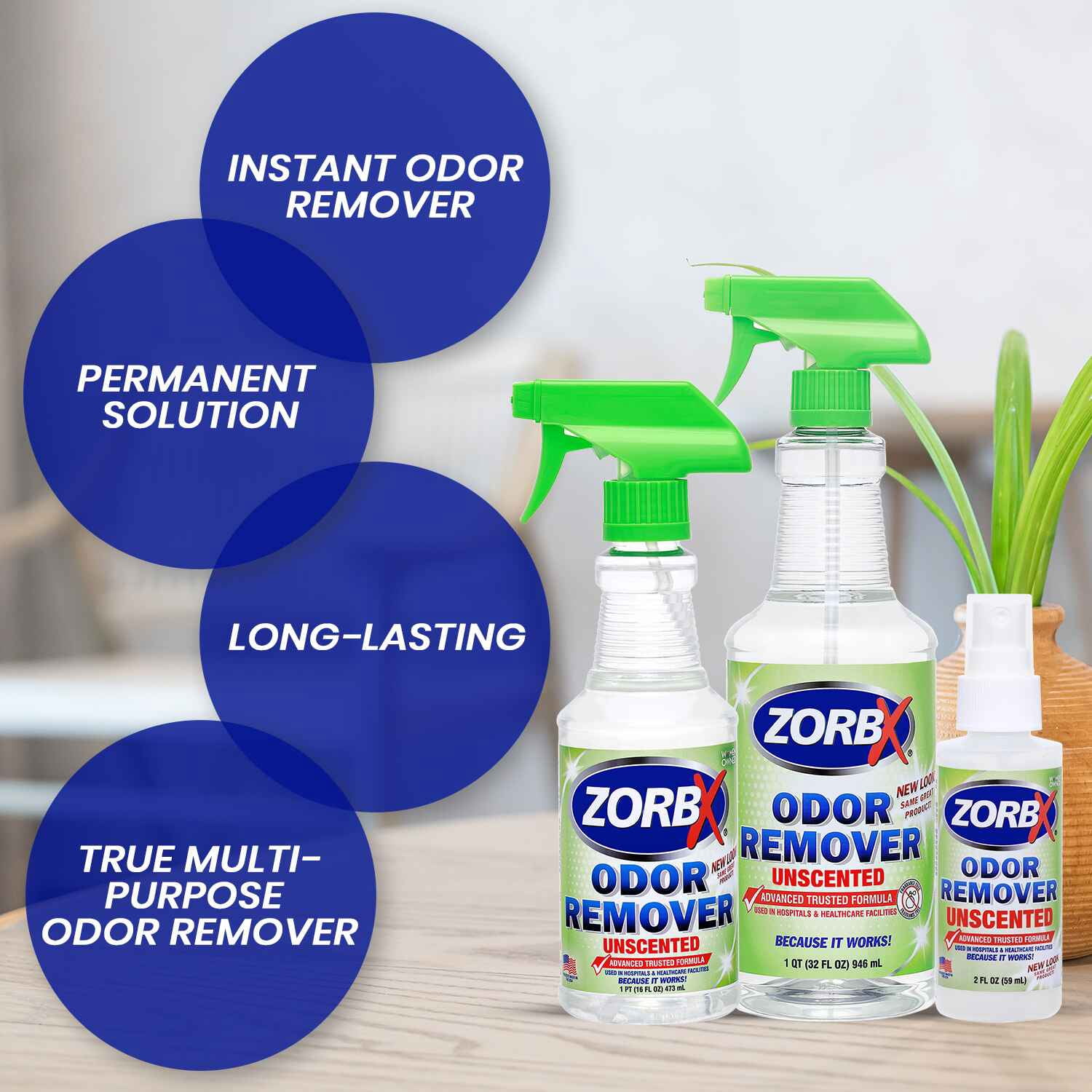 ZORBX Unscented Odor Eliminator Spray for Hospitals & Healthcare – Dog, Cat, Car & Carpet Deodorizer (2oz + 16oz + 32oz)