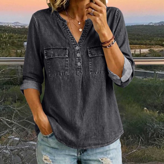Kadlawus Long Sleeve Loose V Neck Denim Button Down Shirt Women Fall Casual Basic Pullover Tops Soft Stretchy Comfort Commute Travel Home Daily Wear, Black L
