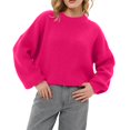 thumbnail image 2 of Women's Loose Solid Color Short Round Neck Pullover Long Sleeve Knit, Comfortable and Casual Sweater, Short Length Design, Perfect for High-Waisted Bottoms, Soft Knit for Women,Hot Pink,S, 2 of 4