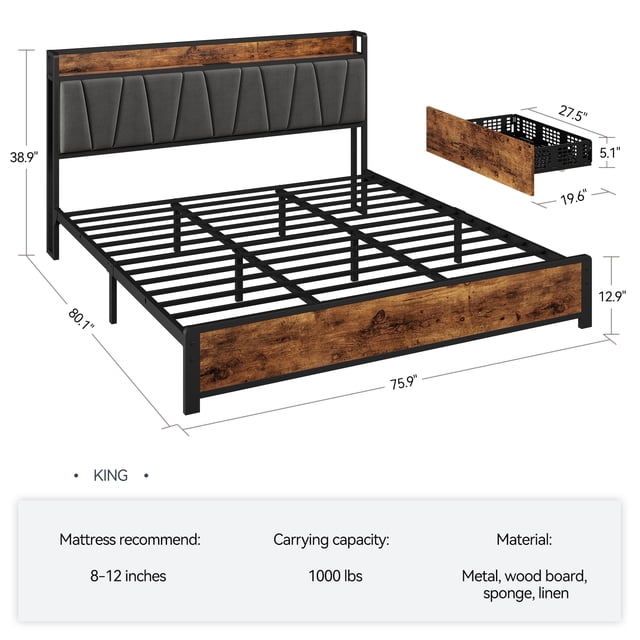 Cadre de Lit Plateforme avec Rangement et Station de Recharge – Tête de Lit Rembourrée en Lin, 4 Tiroirs, Structure Métallique Robuste et Silencieuse, Aucun Sommier Requis, Mobilier de Chambre Brun Rustique, Très Grand Lit
