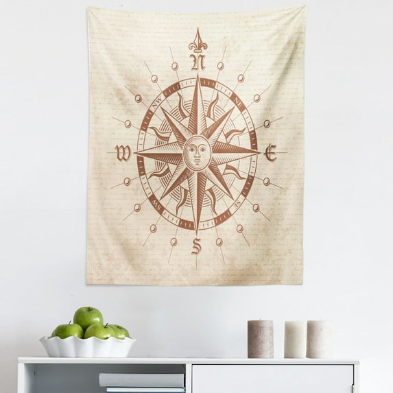 Brown Tapestry, Old Compass Rose a Sun Face Lady on It Instrument Distances Between Points Graphic, Fabric Wall Hanging Decor for Bedroom Living Room Dorm, 5 Sizes, Tan Brown, by Ambesonne