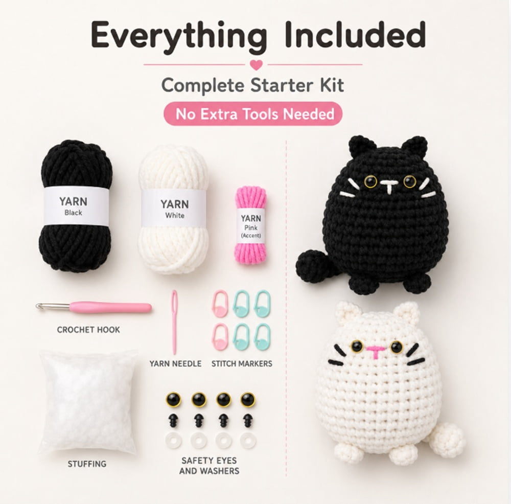 2 Pack Cat Crochet Kit for Beginners, Cat Amigurumi Starter Set with Step by Step Video Tutorials, TIKA
