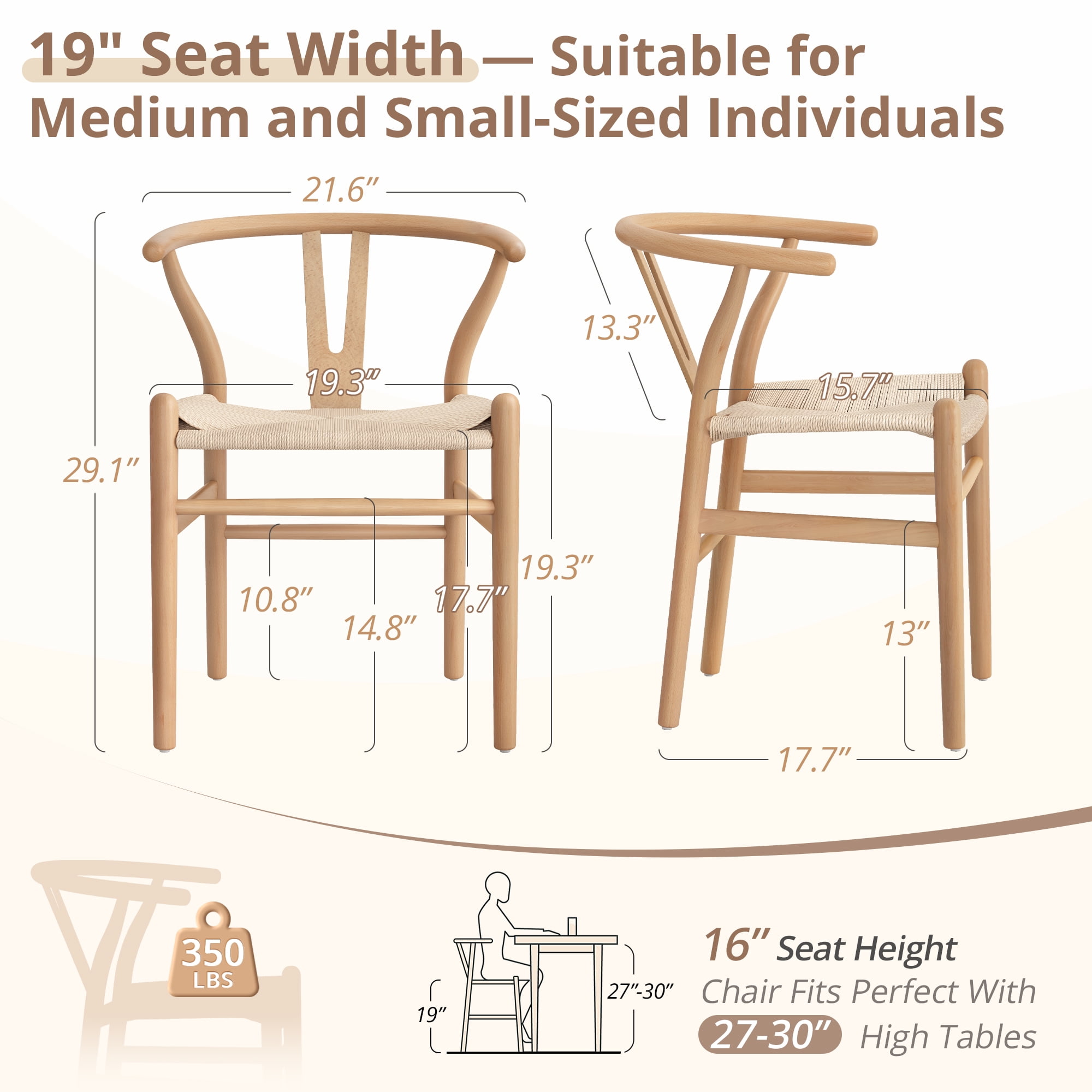 DYCANPO Wood Dining Chairs Set of 4, Mid Century Modern Y-Shaped Backrest, Fully Assembled, Natural