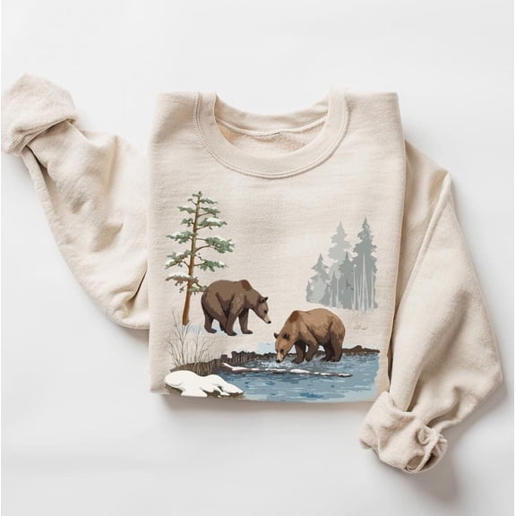 Retro Grizzly Bears Wilderness Scene Sweatshirt - Nineties 90S Vintage Brown Bear Outfit - Boho Unisex Crewneck Sweatshirt TSHIRT All Size S-5XL