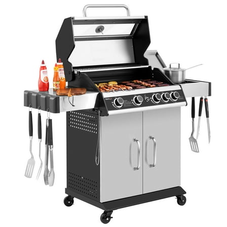 Royal Gourmet SG5003S 4-Burner Stainless Steel Gas Grill with Side Burner, Cabinet Style Grill with Glass Viewing Window,Silver