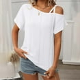 thumbnail image 6 of Moxiu Women's Tops One Shoulder Summer Short Sleeve T-Shirt 2025 Elegant Eyelet Spaghetti Strap Blouse Asymmetric Neck Casual Tops Tees White,M, 6 of 7