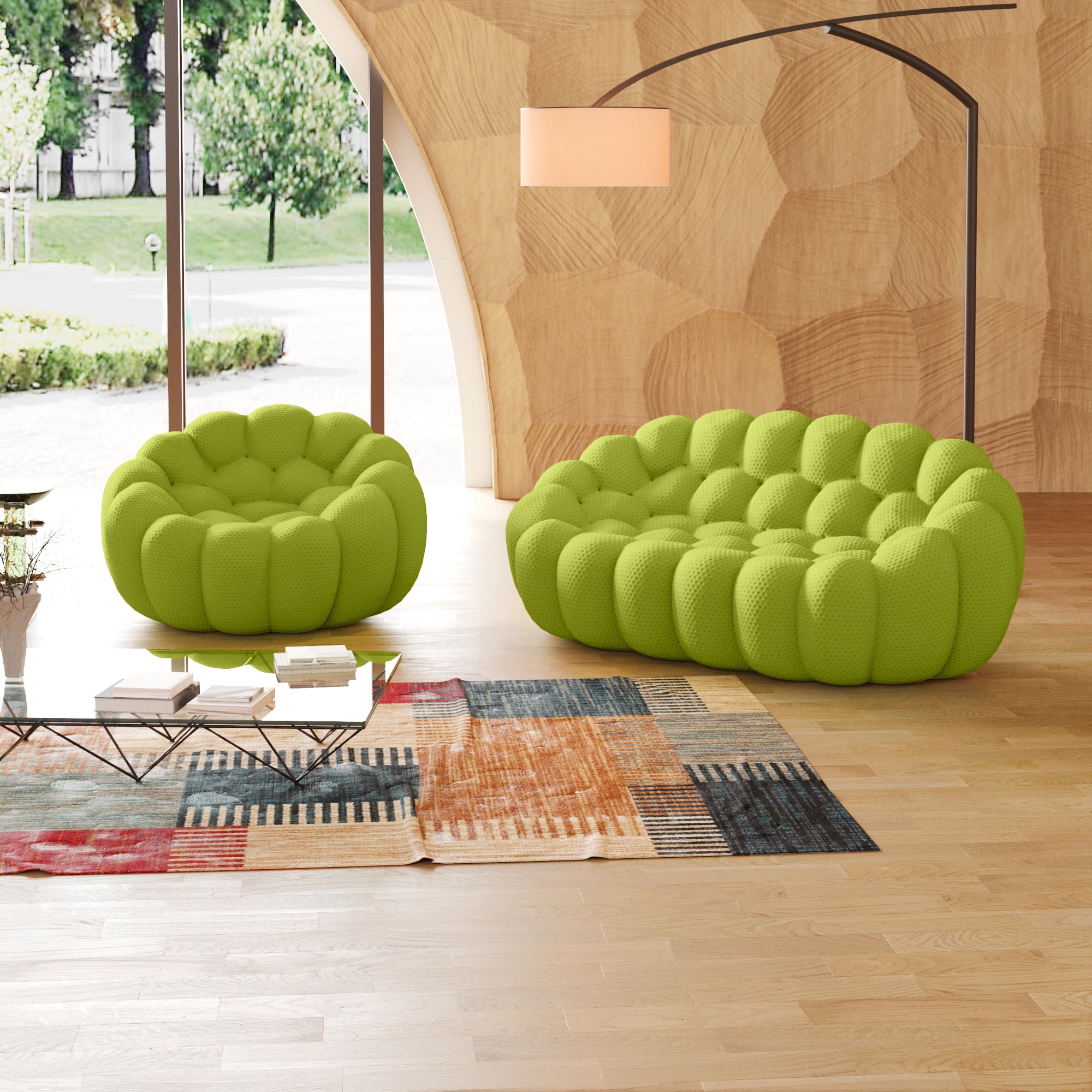 Sodrens 79.53" Bubble Couch with Ottoman,Modern Upholstered Mesh Fabric Lazy Floor Sofa,3D Honeycomb Shape Bubble Sofa Curved Couch for Living Room,Office,Apartment,No-Assembly(Fluorescent Green)