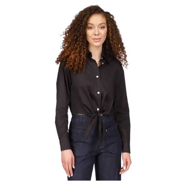 Michael Kors Womens Poplin Tie Front Button Up Shirt, black, Petite, PM