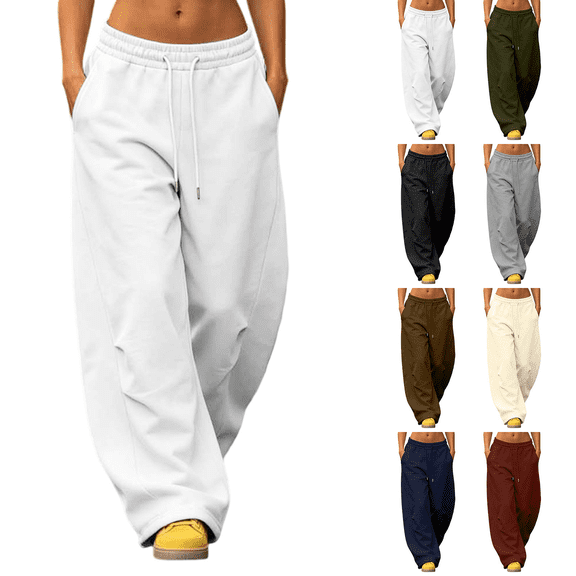 Liuinsasek Womens Plus Size Sweatpants Casual Loose-fitting Pants High-waisted Wide-leg Fleece-Lined Sweatpants Solid Color Drawstring Elastic Waistband with Pockets
