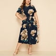 thumbnail image 4 of TIHLMK Plus Size Dress for Women Ladies Large Loose O-Neck Short Sleeve Floral Printed Waist Chiffon Dress, 4 of 9