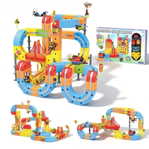 DEGIDEGI Magnetic Electric Train Set, 122Pcs Build DIY Track Building Kits,  3D STEM Flexible Klick Rail Tracks for Kids Ages 3–10 Birthday Gift