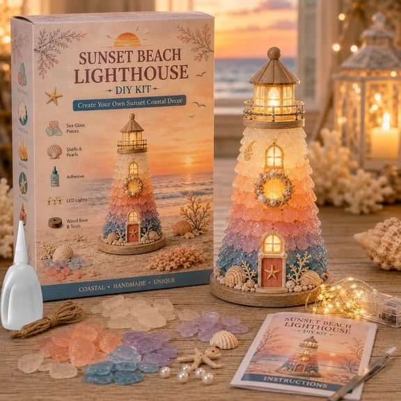 DIY Lighted Sea‑Glass Lighthouse Craft Kit for Adults, Beginner‑Friendly Ocean Themed Sea Glass Art Kit, All‑In‑One DIY Home Decor Making Set, Craft Gift for Craft Lovers