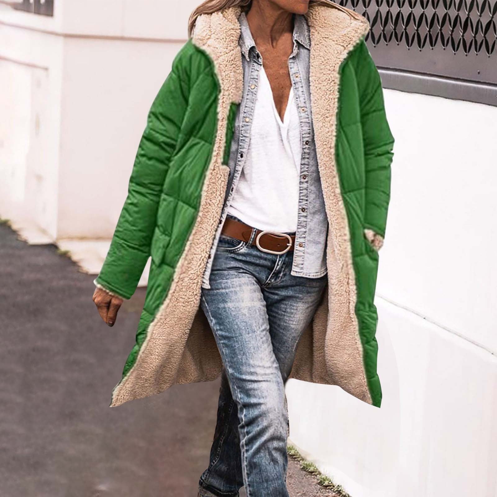 BiZtdJrK Women's Oversized Long Coat Plush Lining Reversible Zipper Puffer Jackets Long Sleeve Hooded Down Outerwear with Pocket 2024 Fall Winter Warm Clothes 90 Percent off Clearance Sale Green M