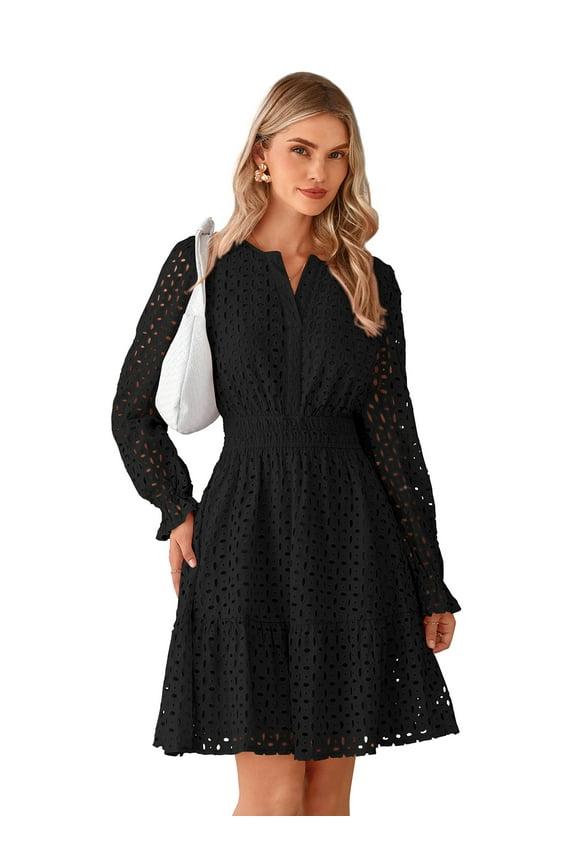 Women's Long Sleeve Eyelet Mini Dress, Sizes S-XXL