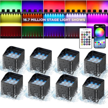8 Pack Rechargeable Stage Par Lights 9x18W RGBW+UV 6-in-1 8800mAh Remote/APP/DMX512 Control for Party Wedding Stage Lighting