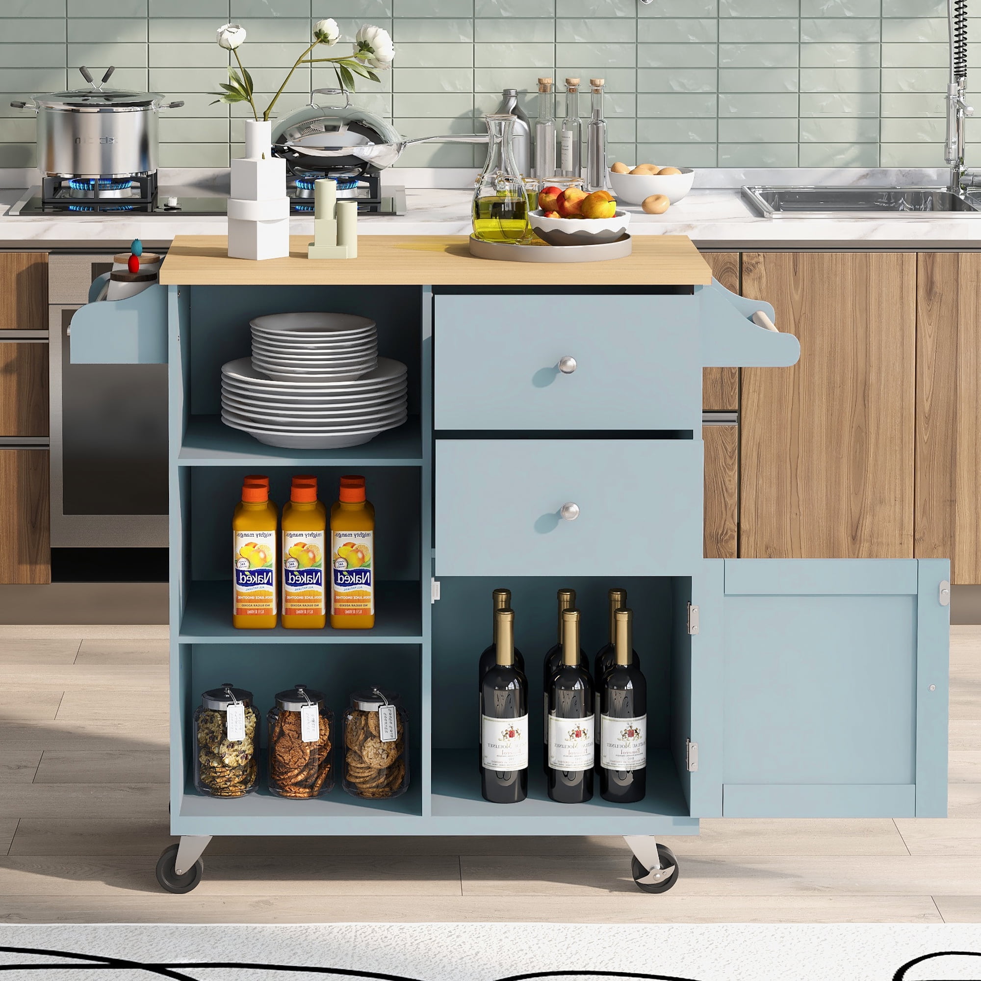 Modern Rolling Kitchen Island with Storage Drawers and Shelves, Rubber ...