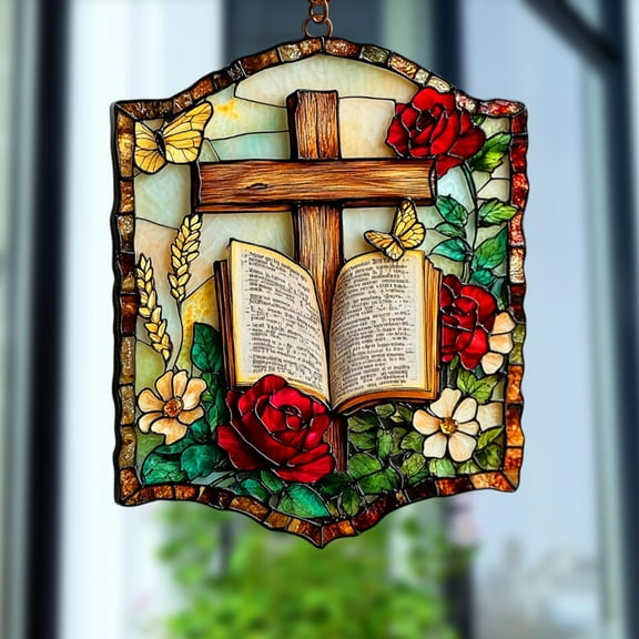 Bible & Cross Stained Glass Suncatcher, Christian Window Art with Roses and Butterfly for Prayer Room, Memorial Gift, Religious Home Décor