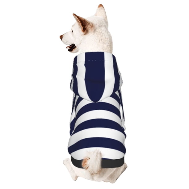 Fotbe Navy Blue And White Stripes Sudadera con Estampado para Perros Pequeños – Suéter con Capucha para Mascotas, Tela Suave de Forro Polar con Bolsillo-X-Small
