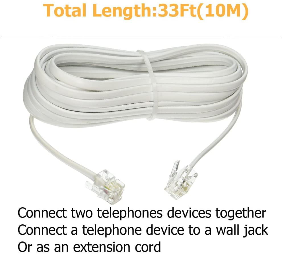 White 10M,2 Pack Uvital 33 Feet Telephone Landline Extension Cord Cable Line Wire with Standard RJ-11 6P4C Plugs 