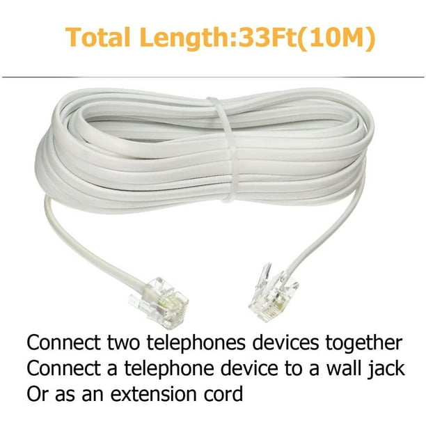 Cordon de câble de rallonge de téléphone fixe de 10 pieds avec prise  standard RJ-11 6P4C
