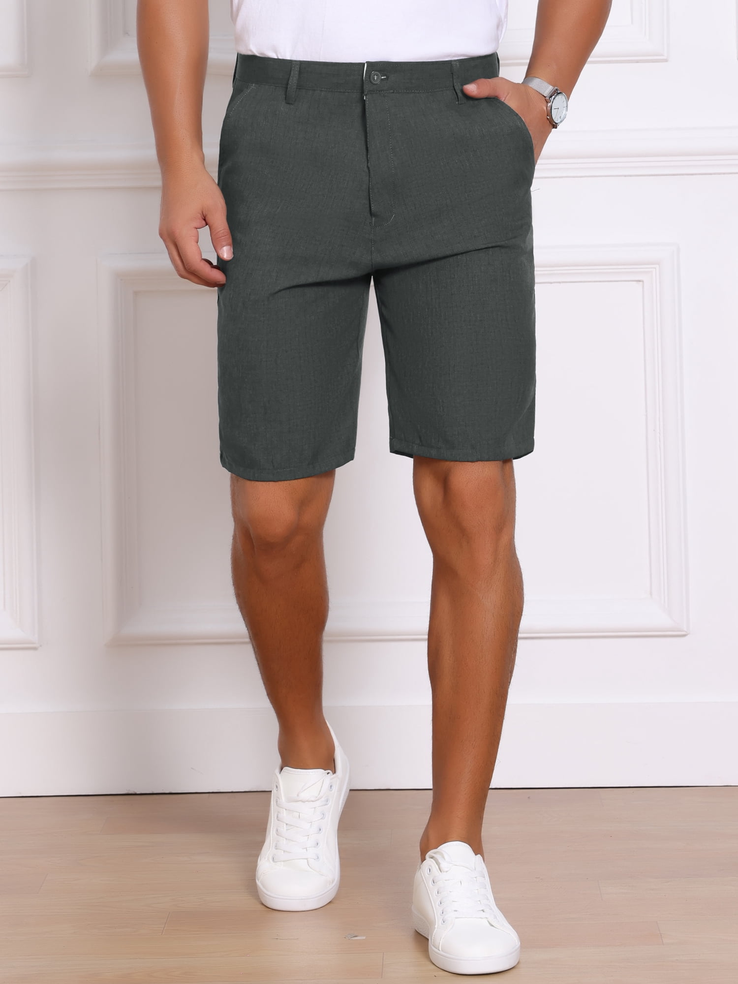 DARING DIVA Men's Above Knee Formal Linen Texture Shorts Pants with Pockets 34 Dark Gray