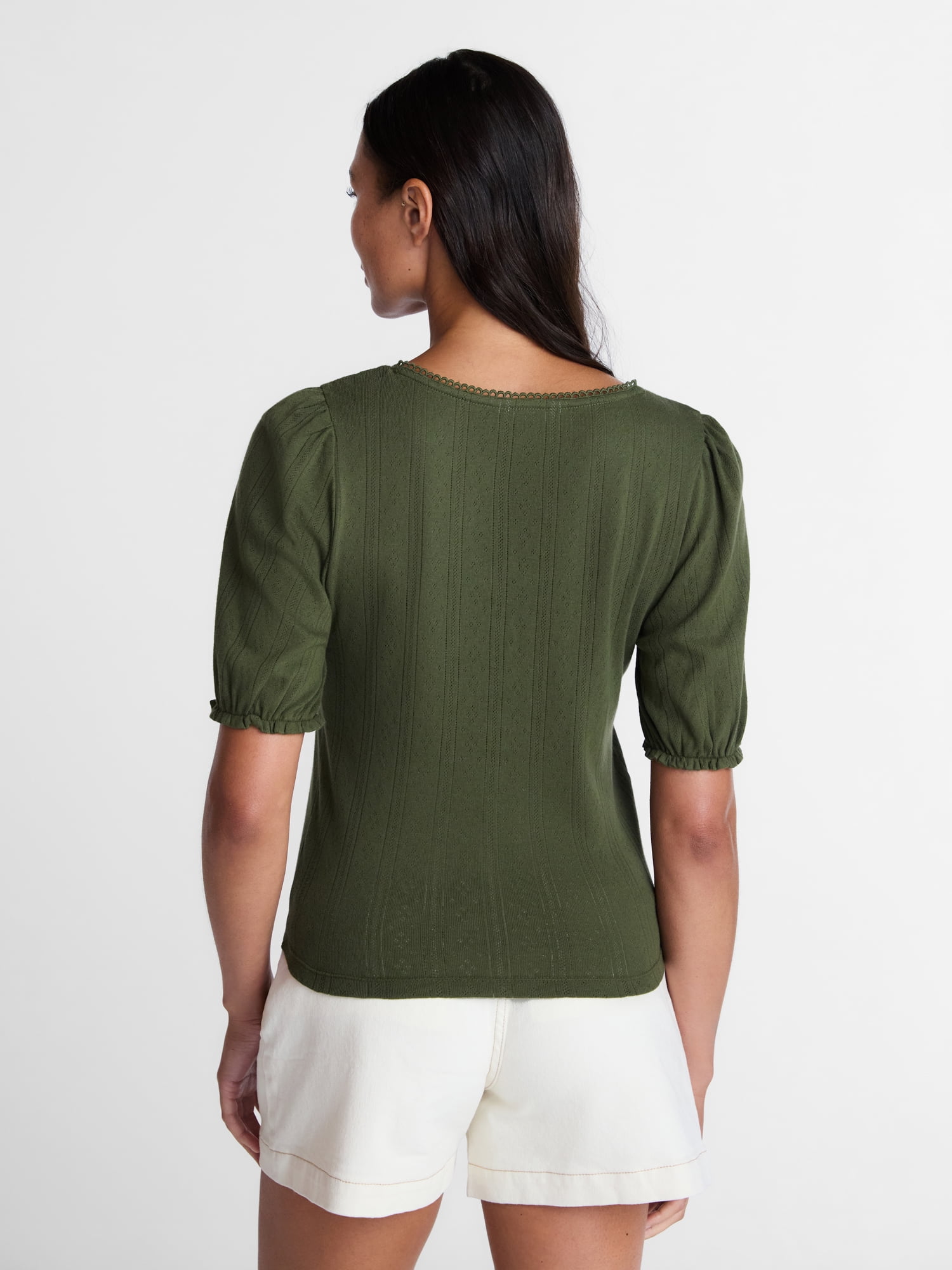 Time and Tru Women's Pointelle Top with Short Sleeves, Sizes XS-XXXL