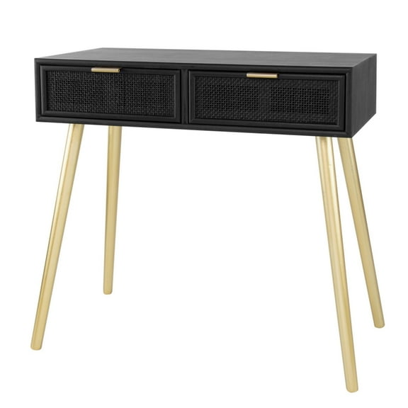 Pia 32 Inch Wood Console Table, 2 Drawers, Woven Rattan Design, Black, Gold, Saltoro Sherpi