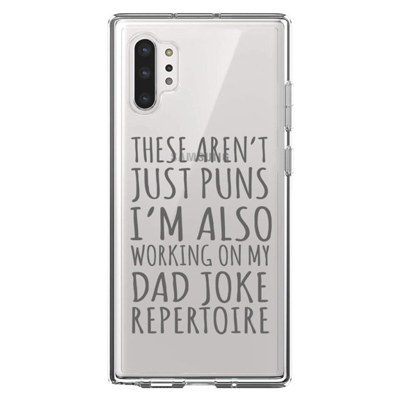 DistinctInk Clear Shockproof Hybrid Case for Galaxy Note 10 PLUS (6.8" Screen) - TPU Bumper Acrylic Back Tempered Glass Screen Protector - Not Just Puns I'm Also Working Dad Joke