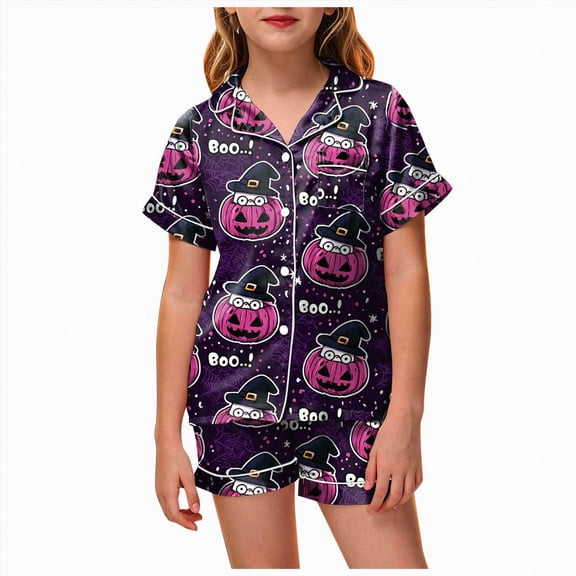 Futezty Halloween Pajamas Kids Girls Halloween Themed Nightwear Short Sleeve Top and Shorts Cozy Sleepwear Girls Pjs 2T-13T