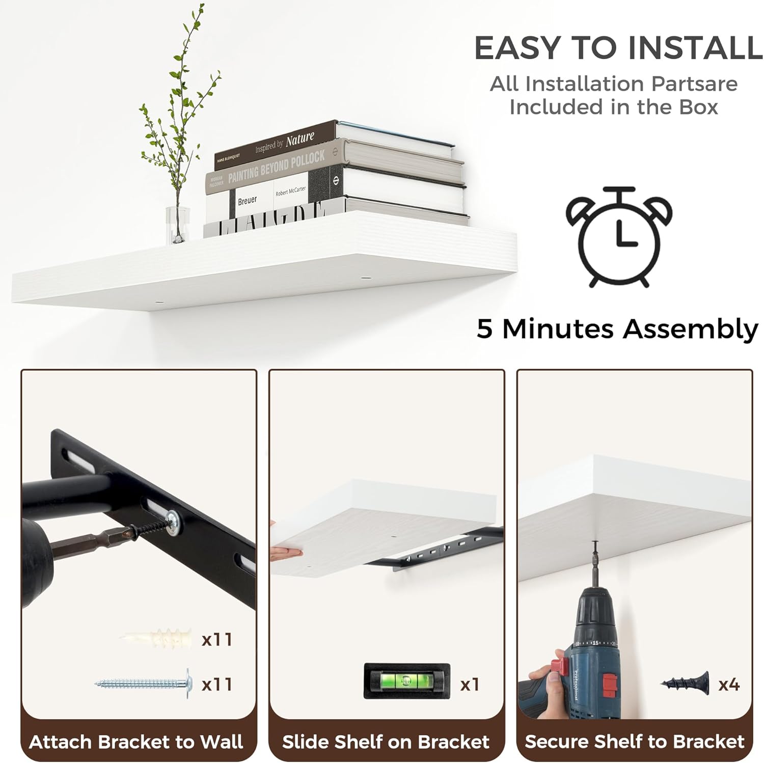 Floating Shelves for Wall, Large Wall Mounted Shelves with Invisible Brackets, Long Wood Floating Wall Shelf Shelves for Living Room, Bedroom, Kitchen, Bathroom Decor (White, 48" W x 9" D x 1.5" H)