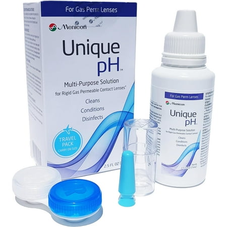 Menicon Unique pH Multi-Purpose Saline Solution Travel Pack 2.5 Oz and DMV Scleral Cup Large Contact Lens Handler - Remover, Inserter - Bundle of 2 Items