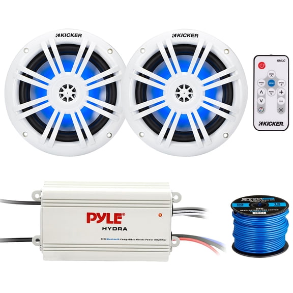 Kicker 51KM604WL KM 6.5" 150 Watts Max Power 4O RGB LED Marine Coaxial Speakers (Pair), LED Controller, 4 Channel Bluetooth Waterproof Power Amplifier, 50 Feet 16 Gauge Speaker Wire