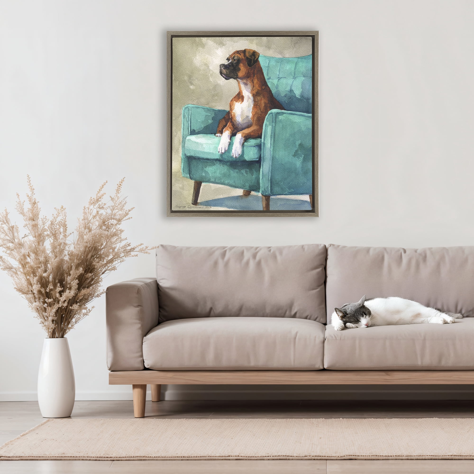 Stupell Industries Majesty Boxer on Armchair Brown Framed Floater Canvas Wall Art, design by George Dyachenko
