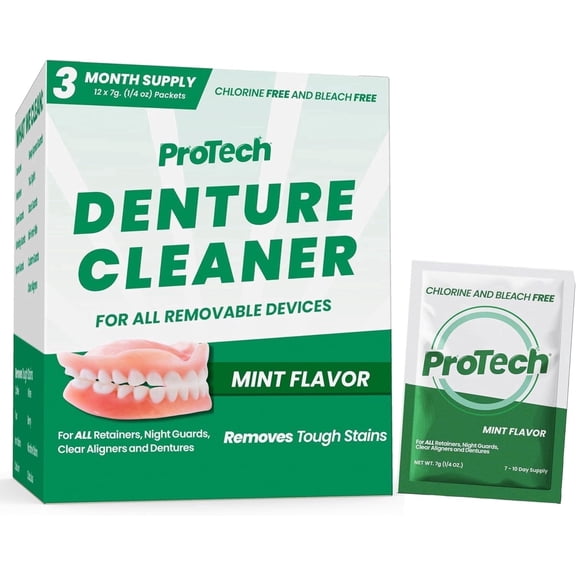 Protech Denture Cleaning Crystals  90 Cleanings (12 Pack/3 Month Supply)  For Clear Aligners, Dentures, Retainers, Mouth Guards & Night Guards - Mint