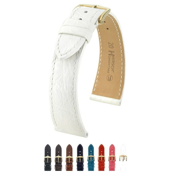 Hirsch Genuine Croco Leather Watch Strap - Polished White - M - 15mm - Shiny Gold Buckle - Caiman Crocodile Leather Band