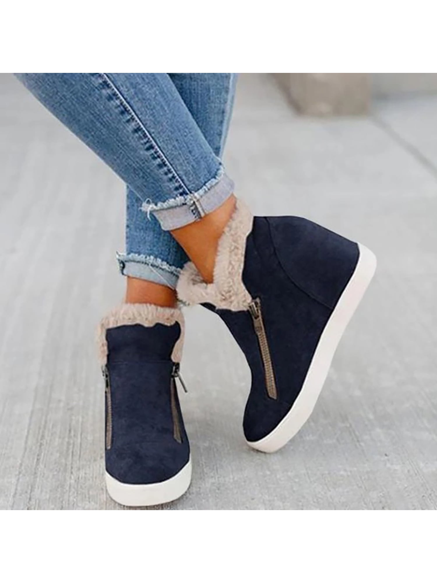 Womens Fur Lined Lace Up Warm Snow Ankle Boots Non slip Casual Wedge Heel Shoes