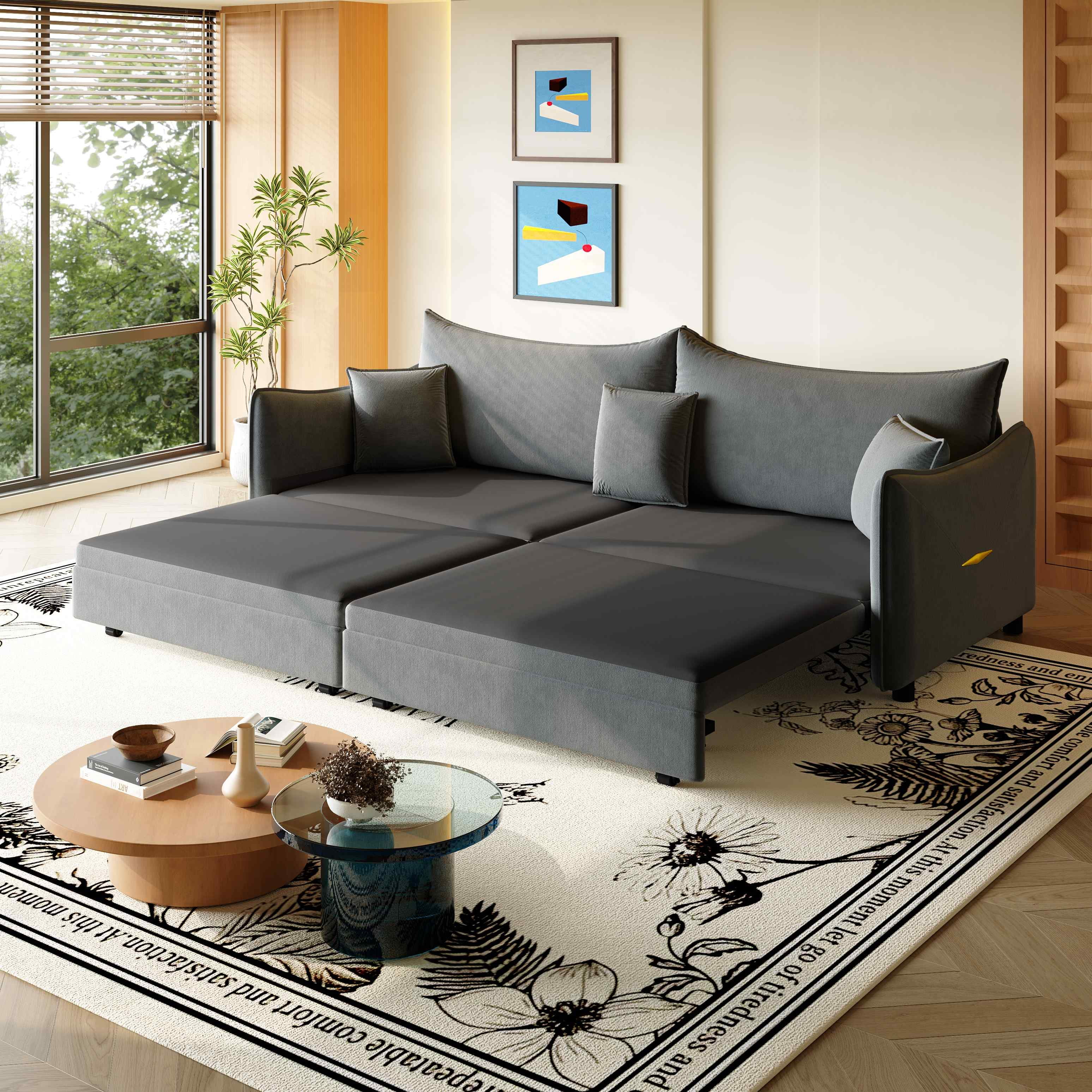 FFH 81.9" Sofa Bed King, 3 in 1 Convertible Sleeper Sofa, Pull Out Sofa Bed with 3 Pillows, Modern Velvet 3-Seater Couch for Living Room, Gray